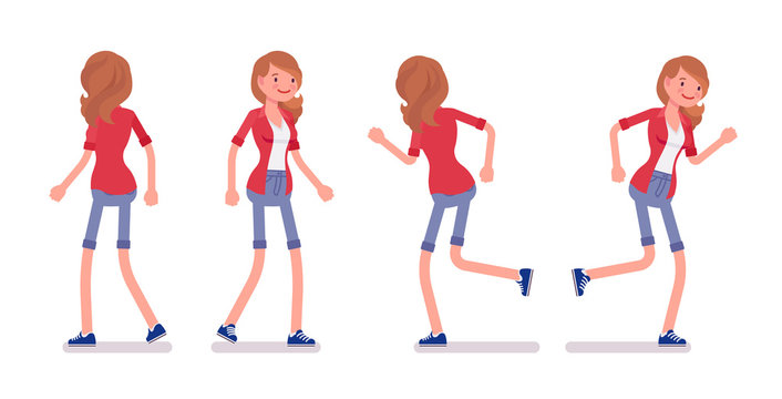 Set of female millennial in walking and runnig pose