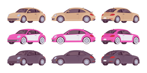 Set of economy car in beige, pink, black color