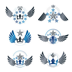Fototapeta na wymiar Royal Crowns and Vintage Stars emblems set. Heraldic vector design elements collection. Retro style label, heraldry logo.