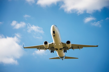 plane flies in the blue sky