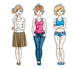 Happy cute young adult girls standing wearing casual clothes. Vector diversity people illustrations set.