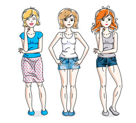 Happy cute young adult girls standing wearing casual clothes. Vector diversity people illustrations set.