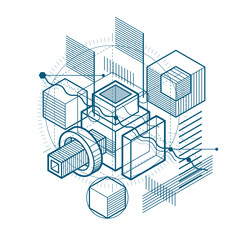 Abstract design with 3d linear mesh shapes and figures, vector isometric background. Cubes, hexagons, squares, rectangles and different abstract elements.
