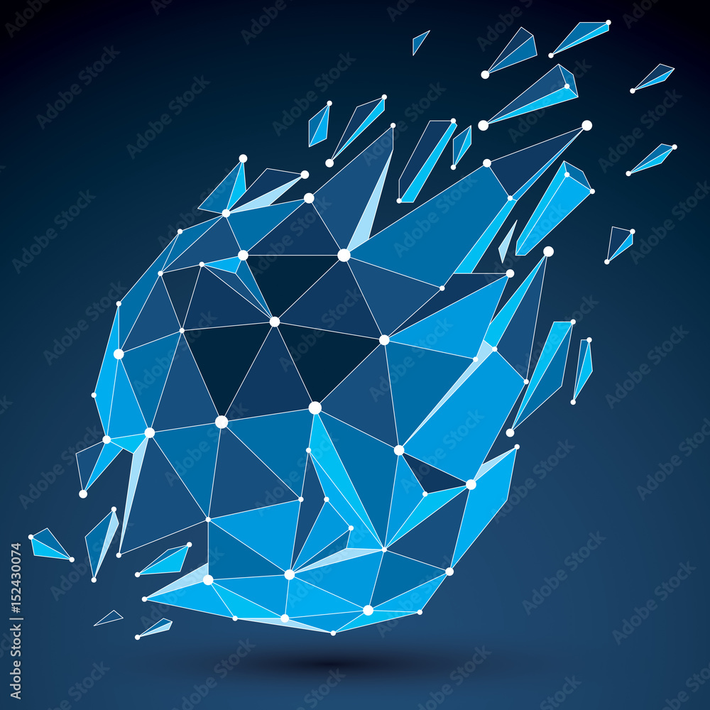 Poster 3d vector low poly object with blue connected lines and dots, geometric wireframe shape with refract