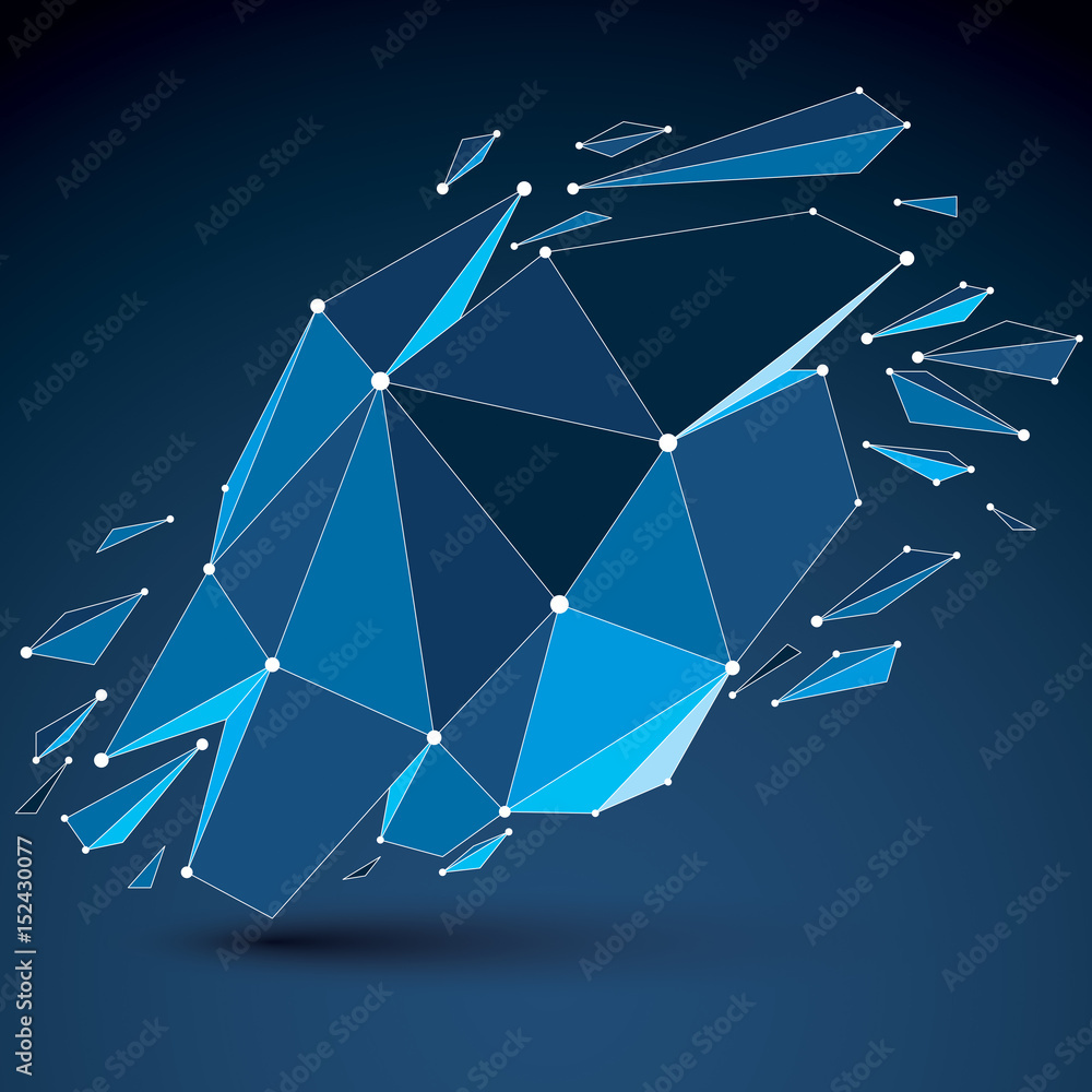 Poster 3d vector digital wireframe object broken into different particles and refractions, geometric polygo