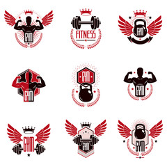Gym weightlifting and fitness sport club logos, retro stylized vector emblems or badges set.