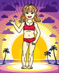 Cute happy little red-haired girl posing on background of sunset landscape with palms and wearing colorful swimming suit. Vector character.