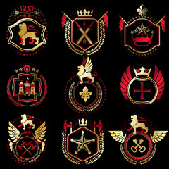 Set of vector retro vintage insignias created with design elements like medieval castles, armory, wild animals, imperial crowns. Collection of coat of arms.