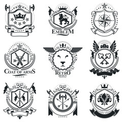 Heraldic designs, vector vintage emblems. Coat of Arms collection, vector set.