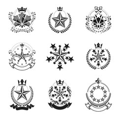 Fototapeta na wymiar Pentagonal Stars emblems set. Heraldic Coat of Arms, vintage vector logos collection.