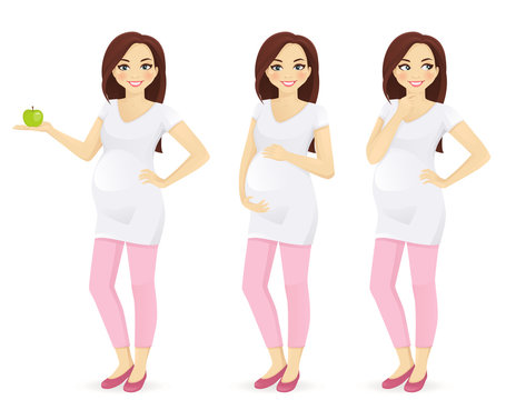 Woman pregnant standing in different poses isolated. Holding green apple, touching her belly, thinking.