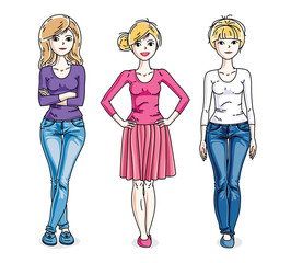 Attractive young women standing wearing fashionable casual clothes. Vector characters set.