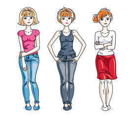 Attractive young women posing wearing casual clothes. Vector diversity people illustrations set.