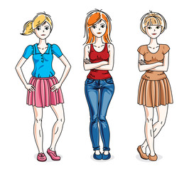 Fototapeta na wymiar Attractive young women posing wearing casual clothes. Vector diversity people illustrations set.