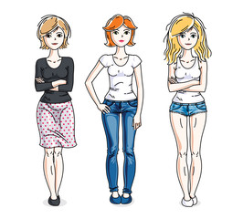 Attractive young women posing wearing casual clothes. Vector diversity people illustrations set. Fashion and lifestyle theme cartoons.