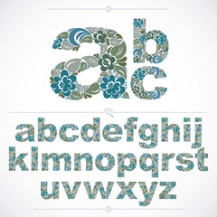 Ecology style flowery font, vector typeset made using natural ornament. Colorful alphabet lowercase letters created with spring leaves and floral design.