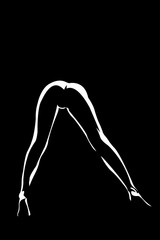 Silhouette of the slender legs of a bent woman.