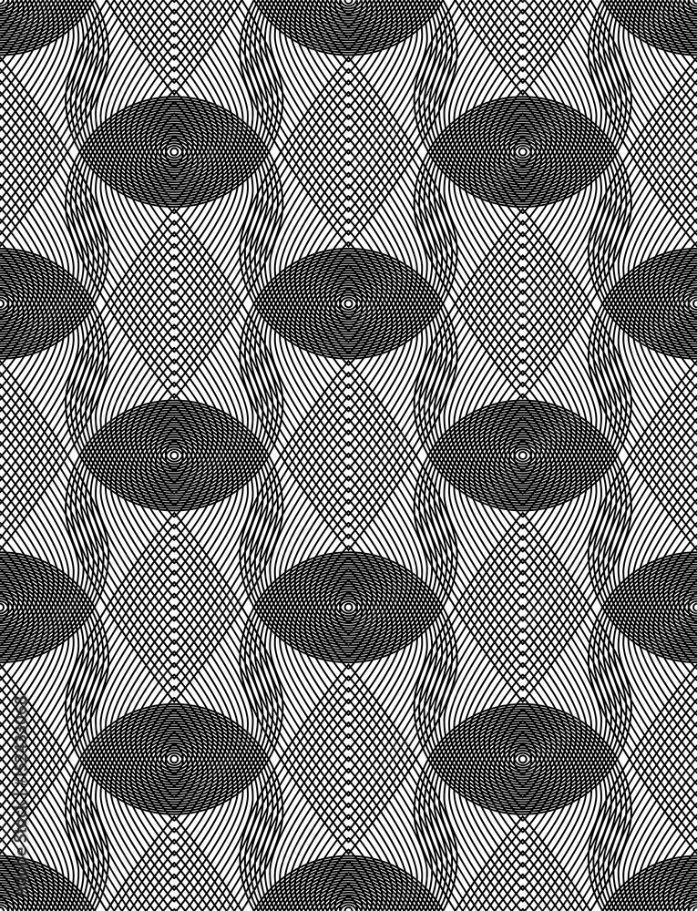 Poster black and white illusive abstract seamless pattern with overlapping shapes. vector symmetric transpa