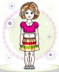 Little redhead girl toddler standing in fashionable casual clothes. Vector kid illustration.