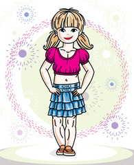 Little blonde cute girl toddler in casual clothes. Vector Illustration of pretty child standing.
