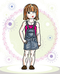 Little redhead girl toddler standing in fashionable casual clothes. Vector kid illustration.