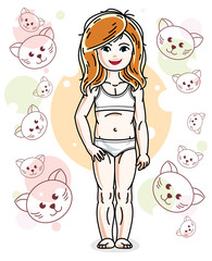 Pretty little redhead girl in underwear standing on animals background. Vector pretty nice human illustration.