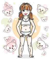 Sweet little redhead girl standing on childish background with kittens and wearing panties. Vector kid illustration.