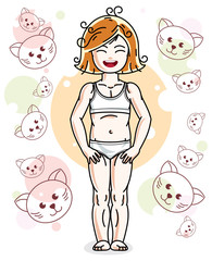 Sweet little redhead girl standing on childish background with kittens and wearing panties. Vector kid illustration.