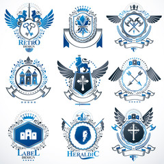 Obraz premium Collection of vector heraldic decorative coat of arms isolated on white and created using vintage design elements, monarch crowns, pentagonal stars, armory, wild animals.