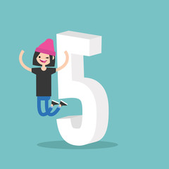 Number five concept. young winking teenager jumping near the number Five. Number five. Step five. Fifth point. Flat editable vector illustration