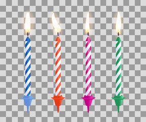 Realistic burning birthday cake candles set isolated on transparent checkered background. Vector illustration.