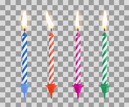 Realistic Burning Birthday Cake Candles Set Isolated On Transparent Checkered Background. Vector Illustration.