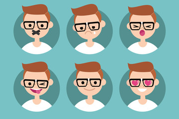 Fototapeta premium Nerd boy profile pics / Set of flat vector portraits. taped mouth, crying, yelling, winking and sticking out tongue, smiling, in love