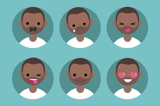Young black man profile pics / Set of flat vector portraits. taped mouth, crying, yelling, winking and sticking out tongue, smiling, in love