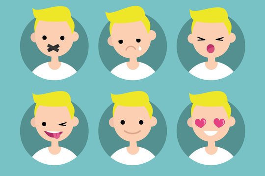 Young blond boy profile pics / Set of flat vector portraits. taped mouth, crying, yelling, winking and sticking out tongue, smiling, in love