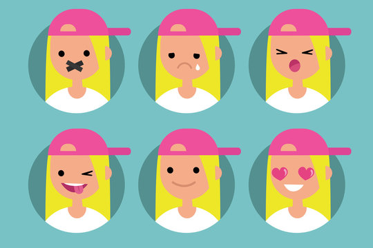 Millennial blonde girl profile pics / Set of flat vector portraits. taped mouth, crying, yelling, winking and sticking out tongue, smiling, in love