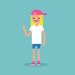 Winking blonde girl sticking out tongue. Emotional cartoon character / editable flat vector illustration