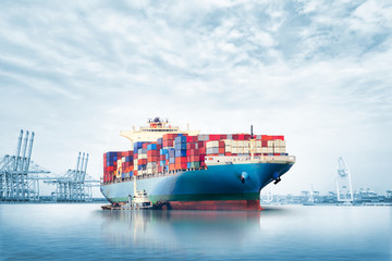 Logistics import export background of Container Cargo ship in seaport on blue sky, Freight...