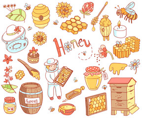 Vector honey element doodle set with beehive, beekeeper, flowers