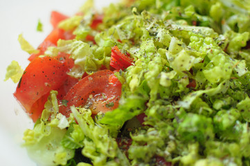 Spring vegan salad with tomato, cucumbers, radish and chinese cabbage