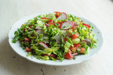 Spring vegan salad with tomato, cucumbers, radish and chinese cabbage