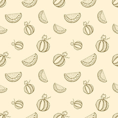 Seamless vector pattern. Hand drawn fruits illustration of watermelon Line drawing. Print for wallpaper, background, surface, fabric, decor