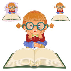 Vector illustration of small girl with glasses sitting and reading a book