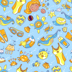 Vector hand drawn seamless pattern. Mom and baby. Swimming for p