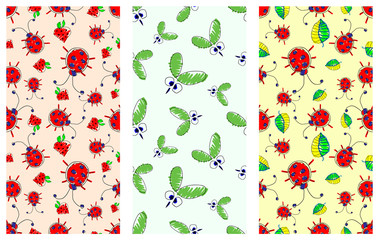 Seamless vector pattern with insect. Cute hand drawn endless background with childish ladybugs, mosquito, strawberry and leaves. Series of Doodle, Cartoon and Sketch vector seamless patterns.
