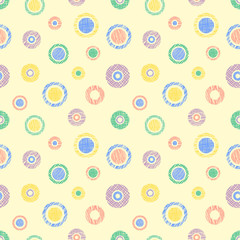 Seamless vector geometrical pattern with circles pastel endless background with hand drawn textured geometric figures. Graphic illustration, print for wrapping, background, cover, surface