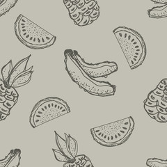 Seamless vector pattern. Hand drawn fruits illustration of banana, pineapple, watermelon Line drawing. Print for wallpaper, background, surface, fabric, decor