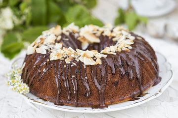 homemade yogurt cake with chocolate frosting
