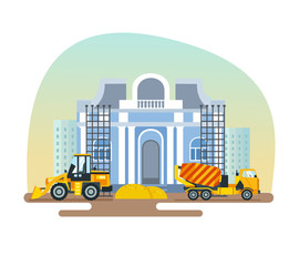 Construction of museum with help equipment: concrete mixer, forklift.