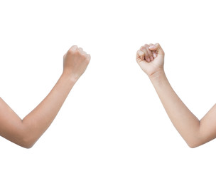 The right back and front side hand of the woman show Rock Paper Scissors sign for find the winners fair in the game. show rock or hammer sign. isolated on white background.